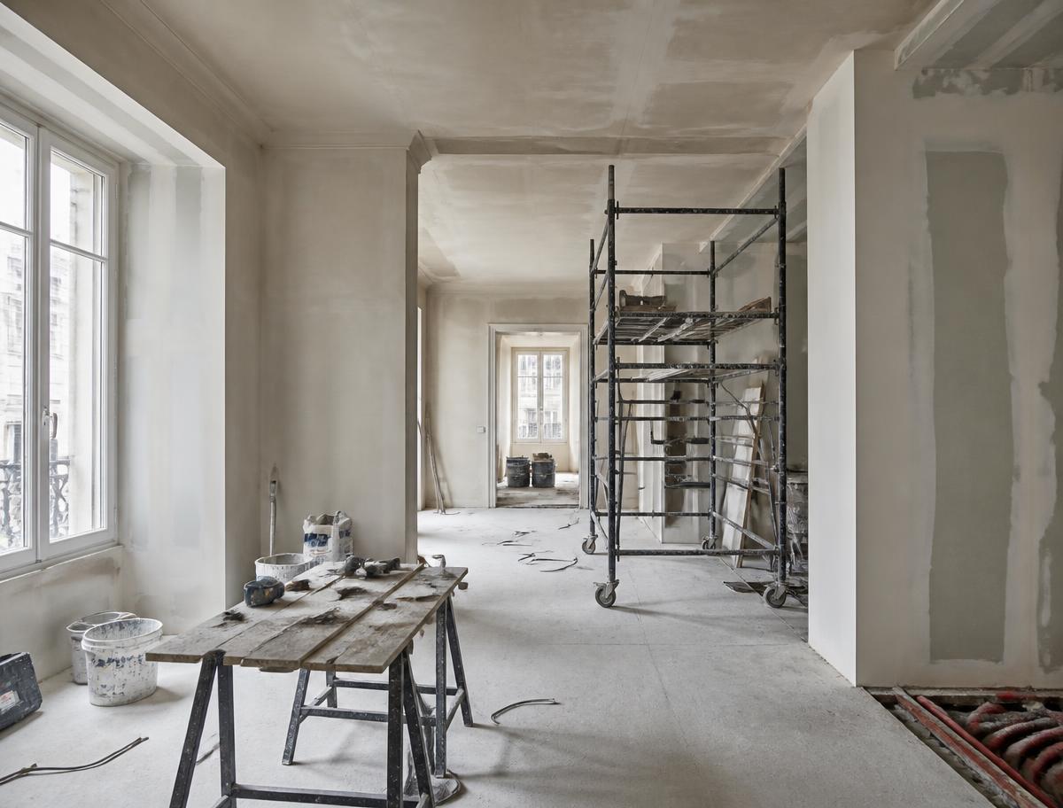Wohnung während der Sanierung mit frisch verputzten Wänden und Gerüst